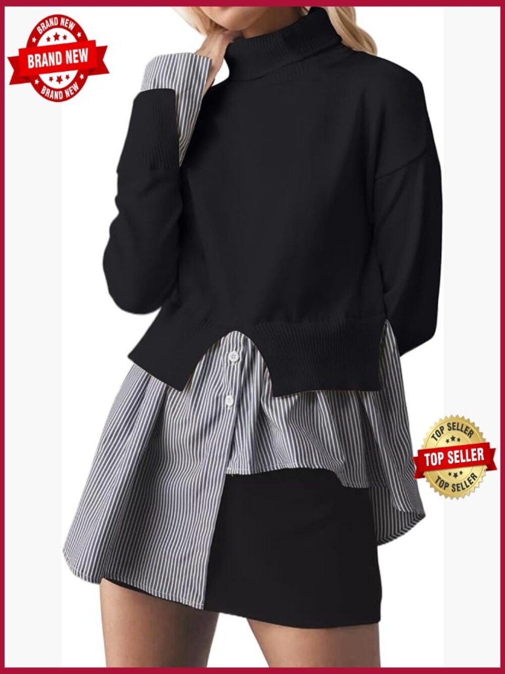 Women's Slit Turtleneck Patchwork Pullover Sweater Buttons Down Asymmetrical